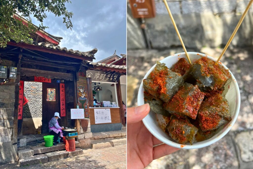 Stand de 奶奶鸡豆凉粉, la grand-mère de Lijiang servant la gelée Naxi traditionnelle