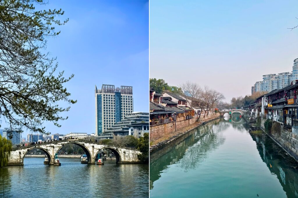 Le pont Gongchen (拱宸桥), symbole du Grand Canal à Hangzhou, incarne le visage plus historique et local de la ville / Xiaohe Zhijie (小河直街) : une rue pleine de charme au bord de l’eau, idéale pour découvrir un Hangzhou plus calme et plus intime.