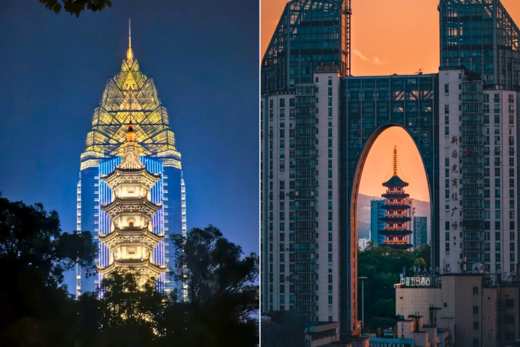 Ancien et moderne réunis à Wenzhou _ pagode traditionnelle face aux gratte-ciel depuis le parc de Xunshan