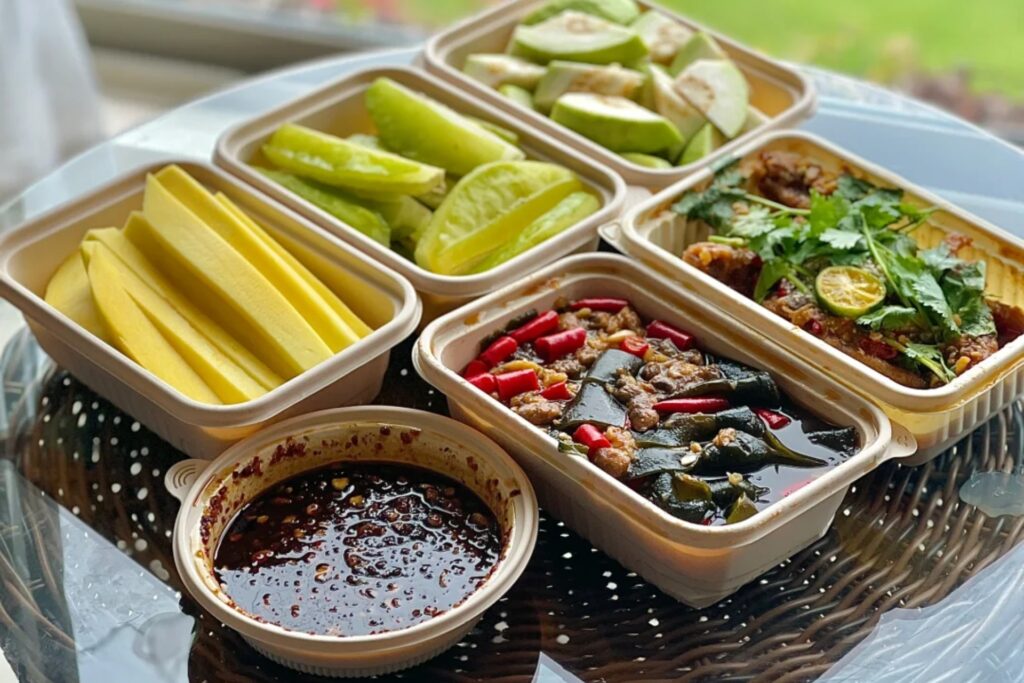 Mangue verte 蘸酱芒果 avec dip de crevettes fermentées, snack tropical de Sanya