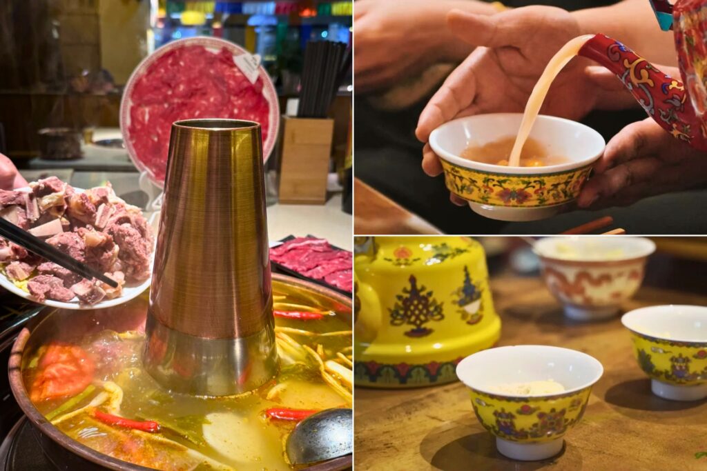 Plat traditionnel tibétain à base de yak et thé sucré tibétain à Lhassa