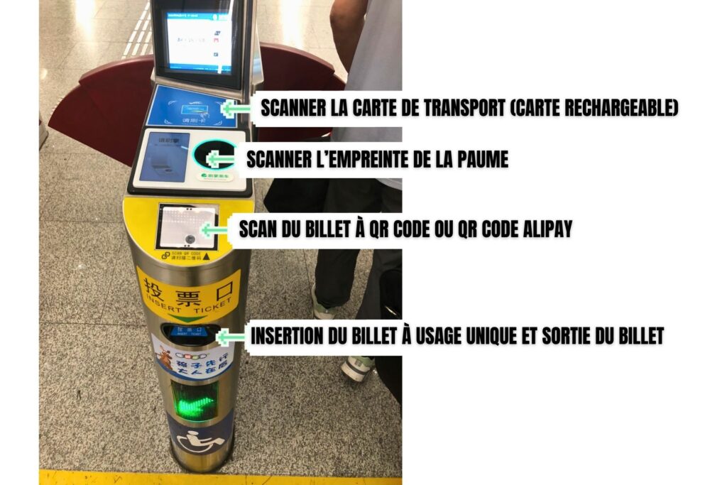 Portique de métro en Chine avec scan du QR code Alipay, billet papier à usage unique, carte de transport rechargeable et scanner de paume