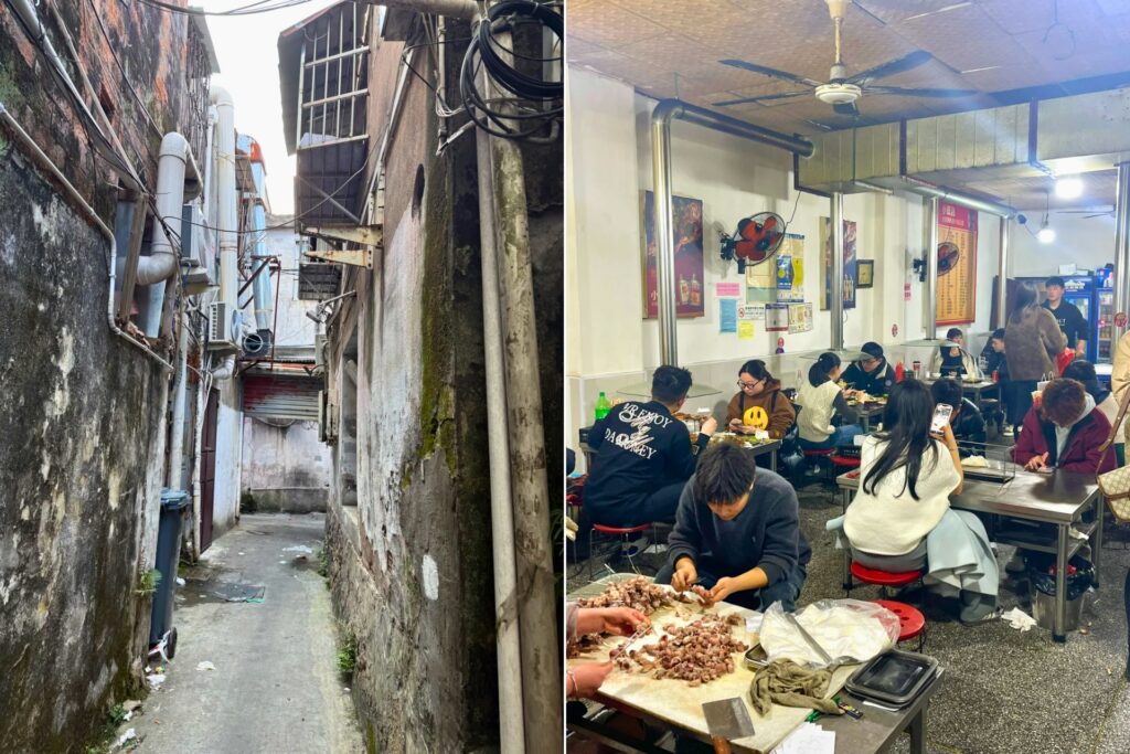 Restaurant local chinois fréquenté par les habitants, façade simple et ambiance de quartier, loin des restaurants touristiques