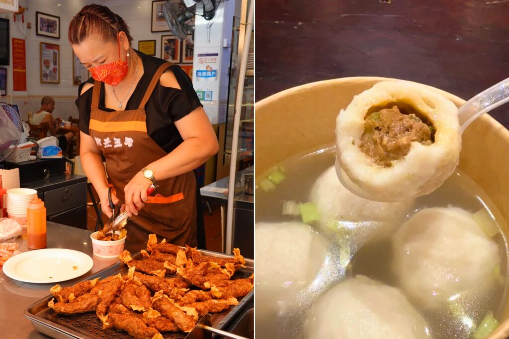 Street food traditionnelle de Xiamen : rouleaux frits aux cinq parfums 五香卷 et boulettes de poisson 鱼丸
