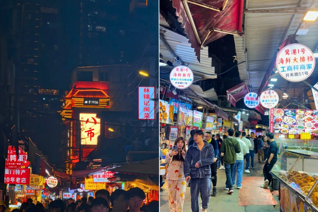 八市 de nuit à Xiamen, marché vivant idéal pour goûter aux spécialités locales et à la cuisine du Fujian.
