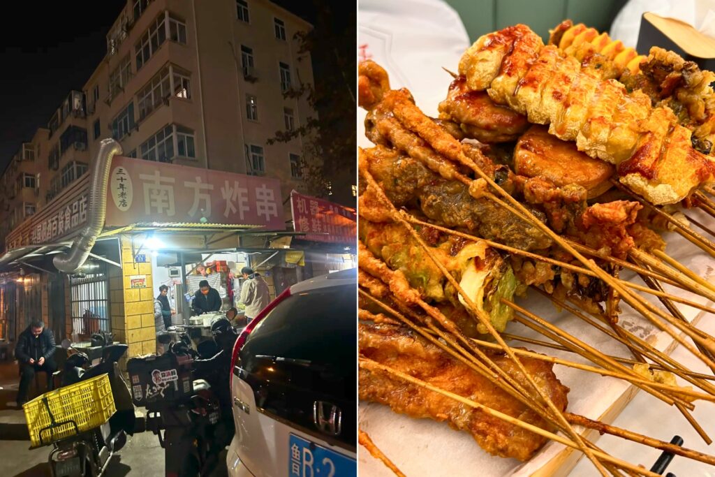 炸串, brochettes frites de Qingdao nappées de sauce fruitée locale。