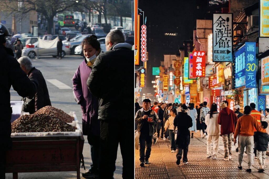 Rue en Chine en hiver, temps humide et gris, habitants emmitouflés malgré une température modérée