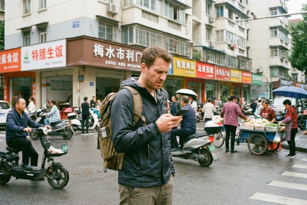 Voyageur en Chine désorienté, téléphone à la main, sans comprendre pourquoi Internet ne fonctionne pas
