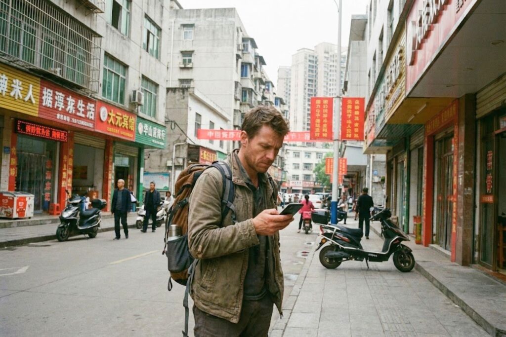 Voyageur en Chine hésitant dans la rue sans accès fiable à son téléphone