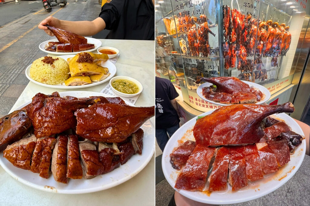 viandes rôties cantonaises Shāolà (烧腊) avec porc char siu et oie rôtie dans une rôtisserie de Shenzhen