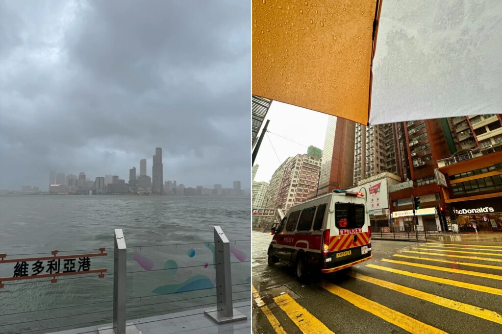 Hong Kong sous la pluie, entre reflets sur l’asphalte, parapluies serrés et immeubles noyés dans l’humidité.