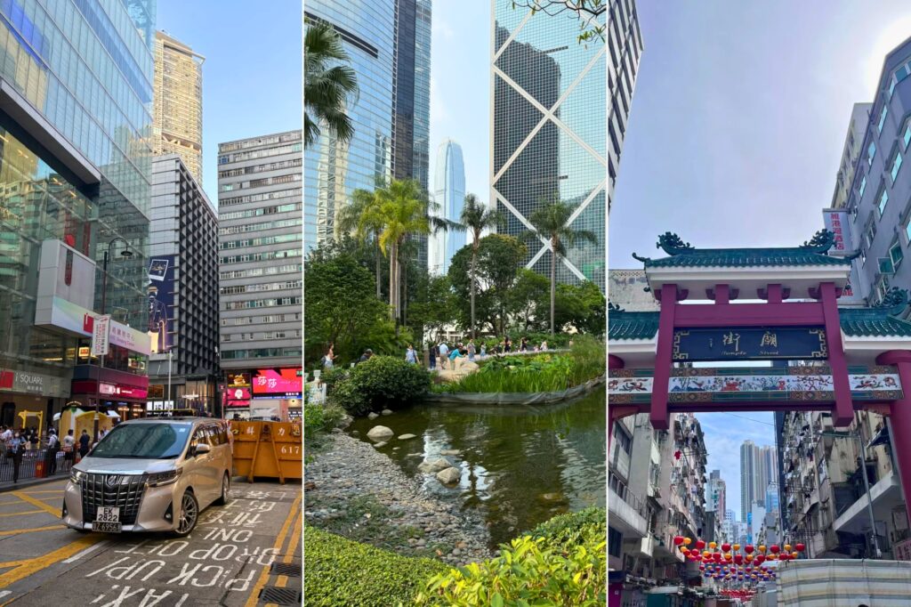 Trois visages de Hong Kong : Tsim Sha Tsui 尖沙咀, Central 中环 et Mong Kok 旺角, entre baie, finance et rues populaires.