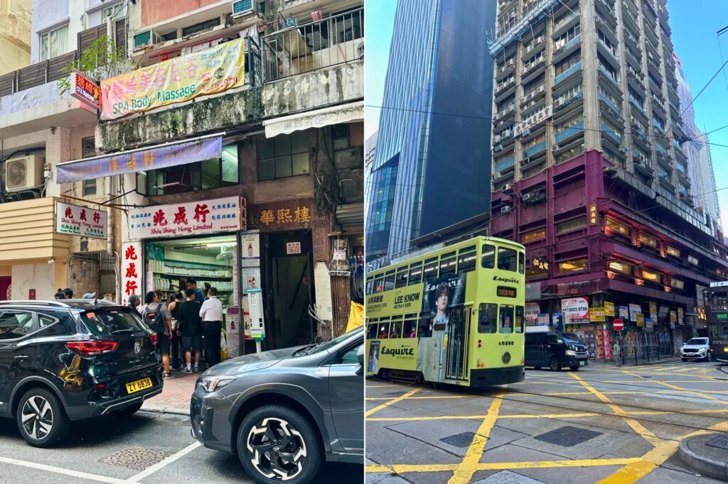 Ambiance de rue à Sheung Wan 上环, entre vie locale, enseignes anciennes et temple chargé d’encens.