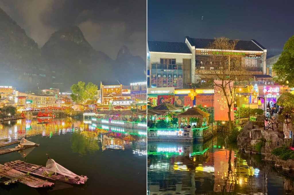 West Street à Yangshuo, le cœur animé de la ville entre restaurants, lumières et ambiance touristique.